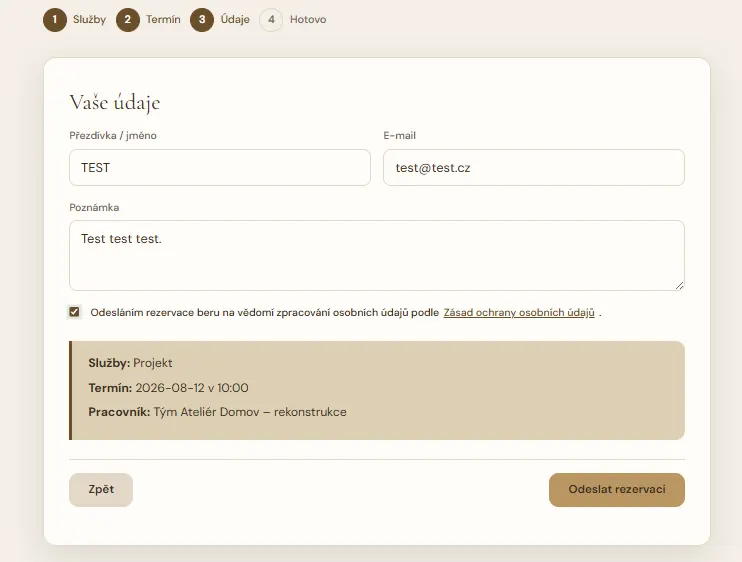 Online rezervace — potvrzení
